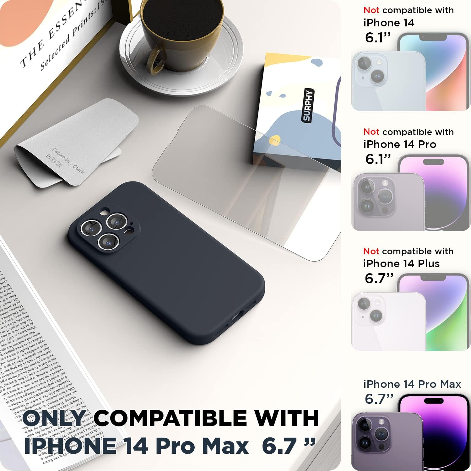 SURPHY Funda diseñada para iPhone 14 Pro Max con protector de pantalla, (con protección de cámara + forro de microfibra suave), funda de silicona