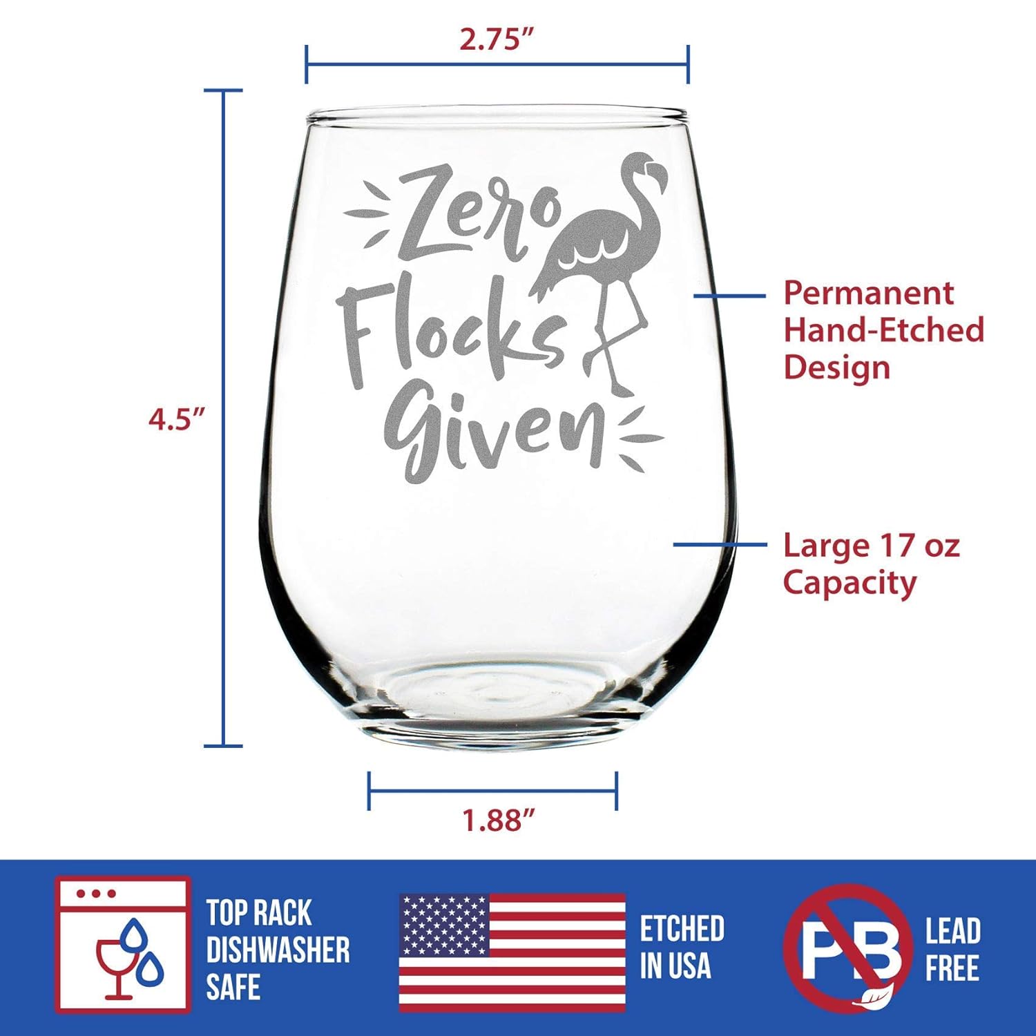 Zero Flocks Given  Cute Funny Flamingo Stemless Wine Glass, Large 17 Ounce, Etched Sayings, Gift Box