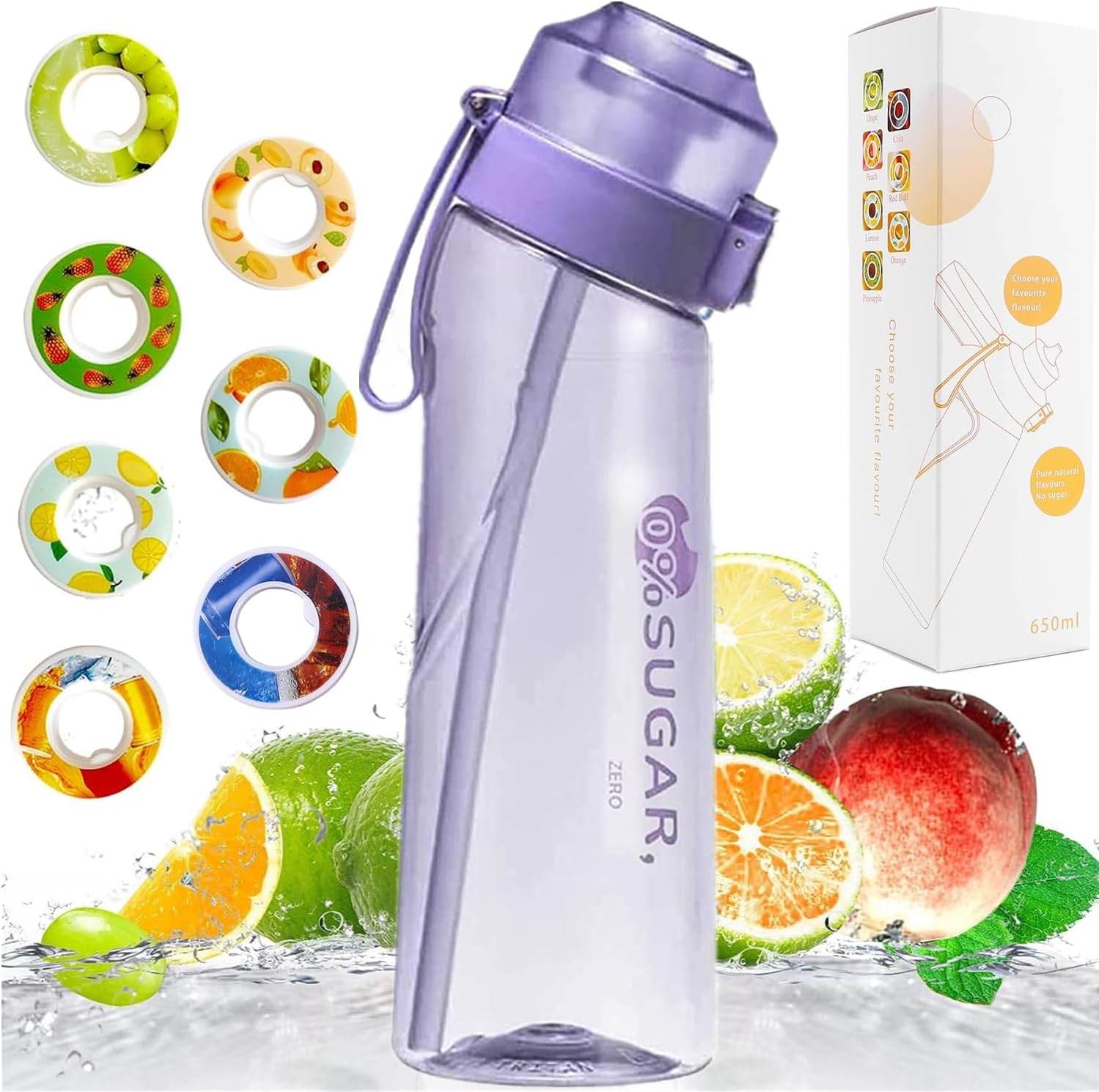 Botella de agua de aire con 7 cápsulas de sabor, botella de agua con fragancia de fruta de 22.1 fl oz, taza de agua con 0% de azúcar, sin BPA, taza