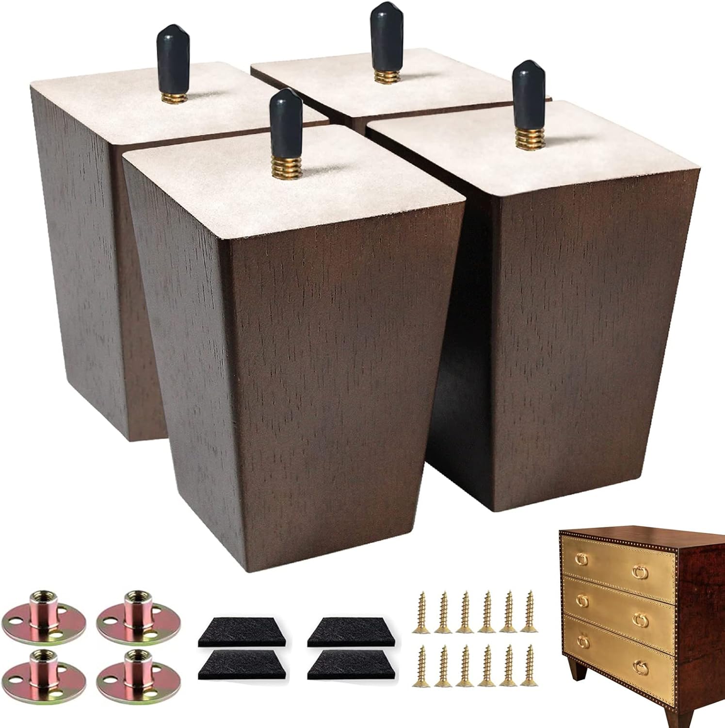 Txcucc Patas de sofá cuadradas para cama, patas de repuesto de madera de 4 pulgadas para muebles, juego de 4, marrón oscuro