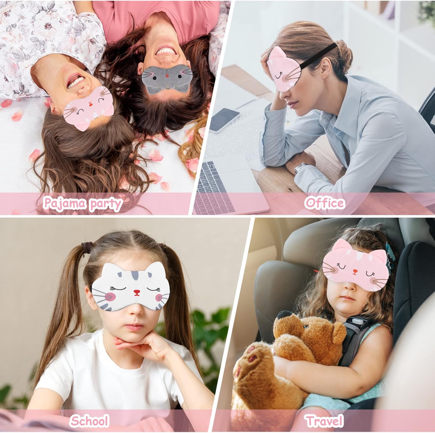 3 piezas de antifaz para dormir para niños, máscara suave para dormir con correa ajustable de dibujos animados gato máscara para dormir adultos
