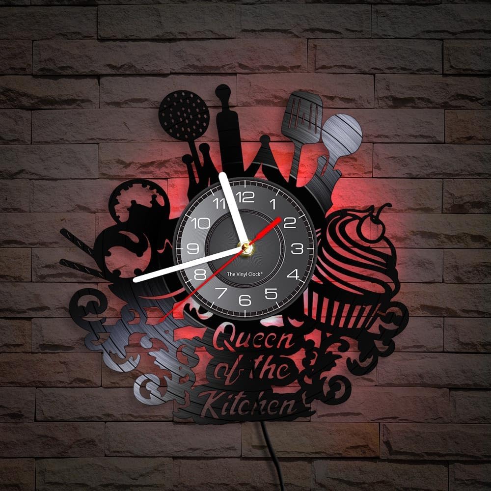 Reloj de pared de disco de vinilo de cocina de 12 pulgadas con 7 modos luminosos, moderno, decorativo, silencioso, de cuarzo, sin tictac, negro,