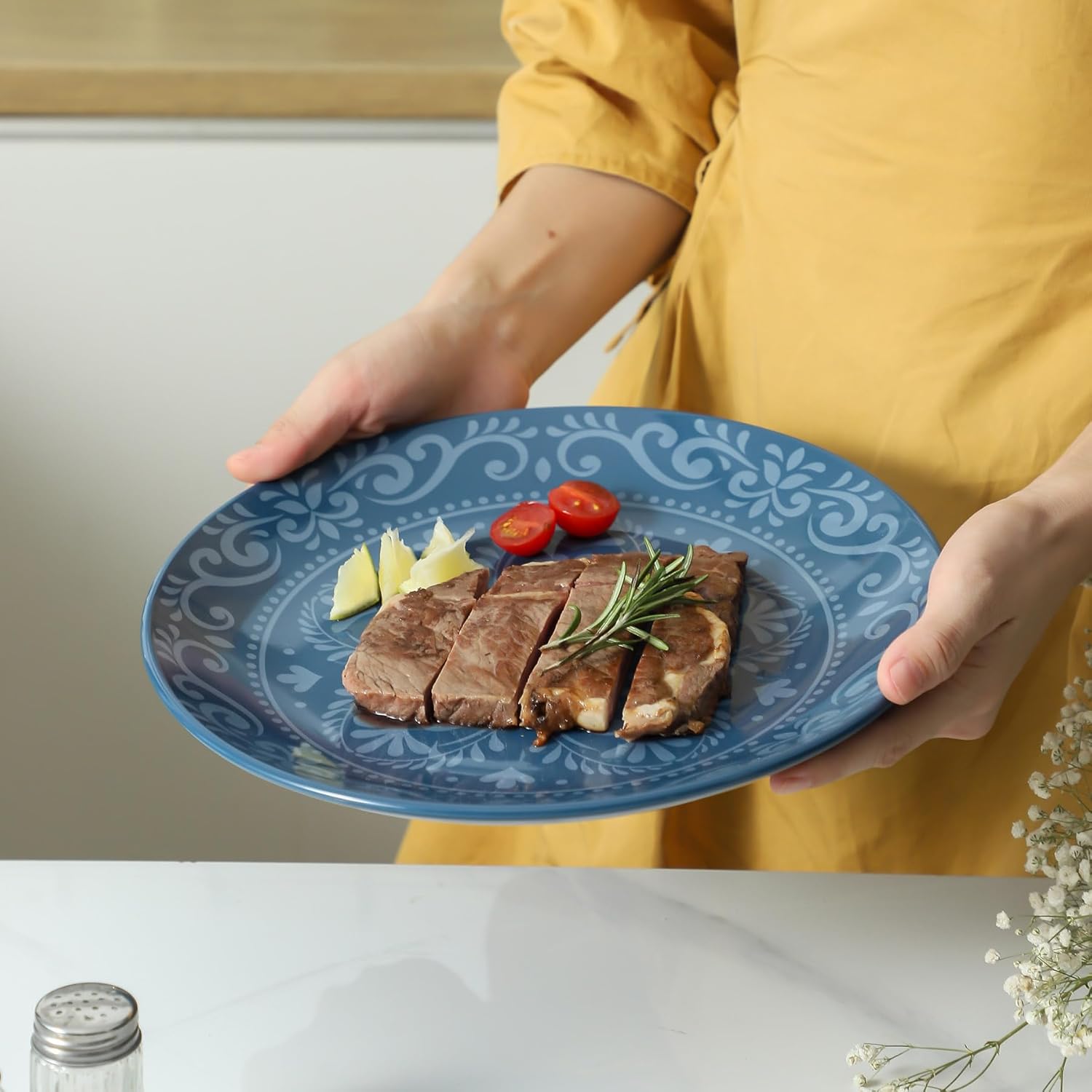 YELLOYA Juego de 4 platos grandes de cerámica de 10.5 pulgadas, ideal para pizza y ensaladas, perfecto para el hogar, restaurante y fiestas, apto