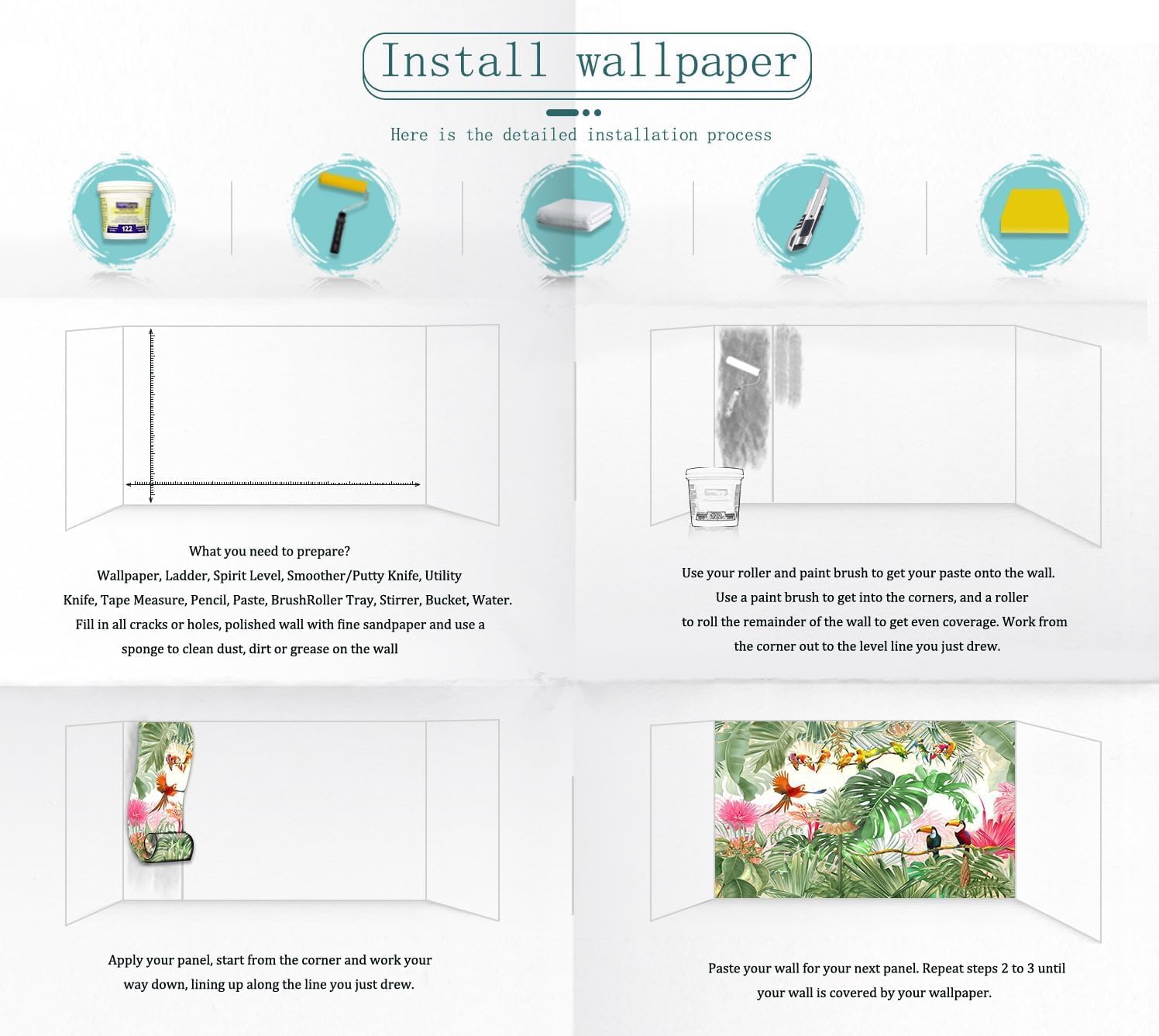 ZFBIZHI Papel tapiz tropical con hojas de plátano, Monstera y pájaro, para sala de estar, dormitorio, baño, oficina (no se pega ni se pega)