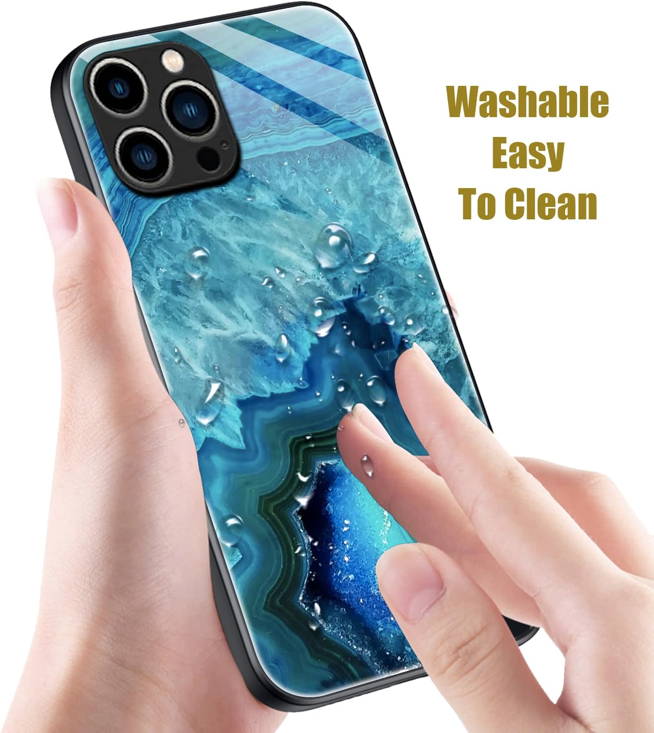 Funda para iPhone 14 Pro Max, protección completa de la cámara envolvente, diseño de mármol ágata personalizado de vidrio antiarañazos en la parte