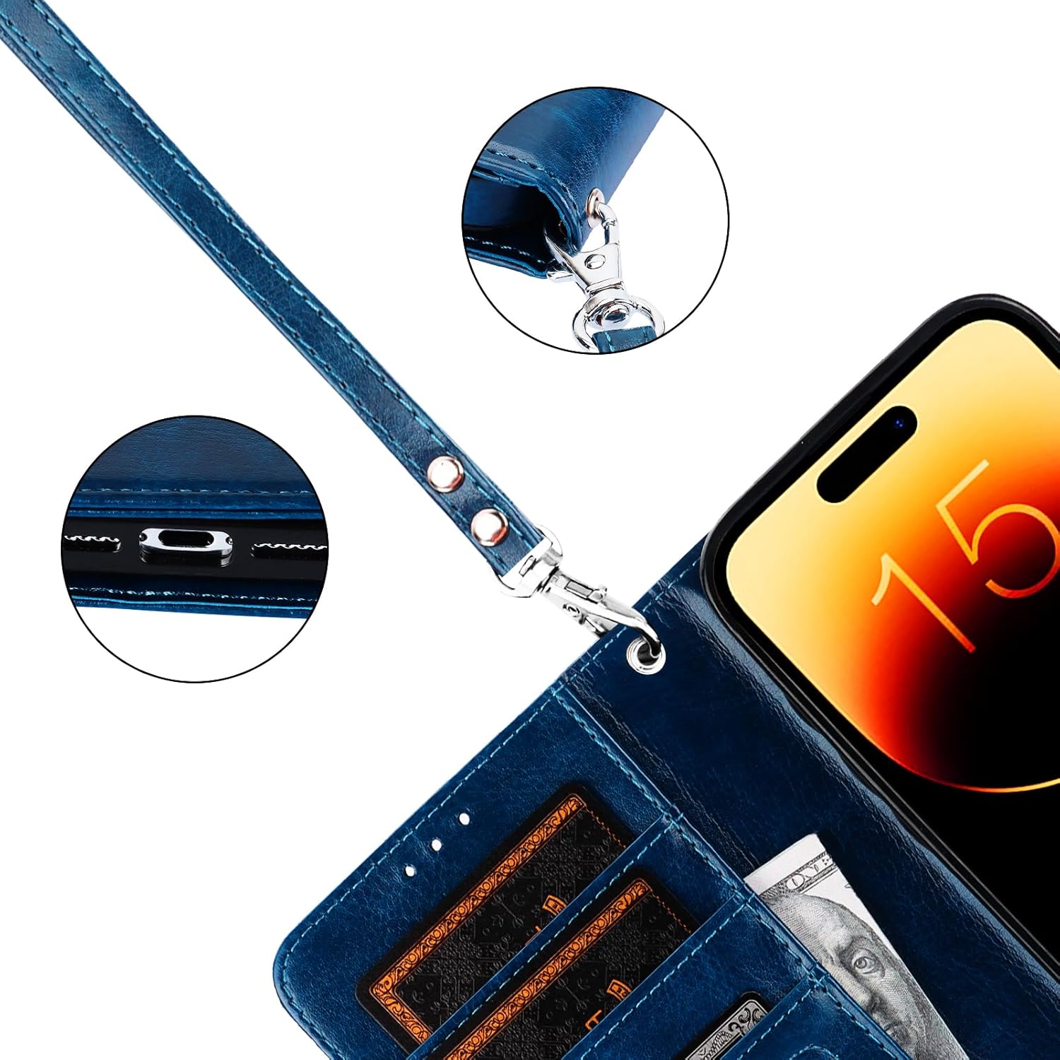 Bocasal Funda tipo cartera desmontable para iPhone 15 Pro con bloqueo RFID, ranuras para tarjetas, soporte magnético de piel sintética de alta
