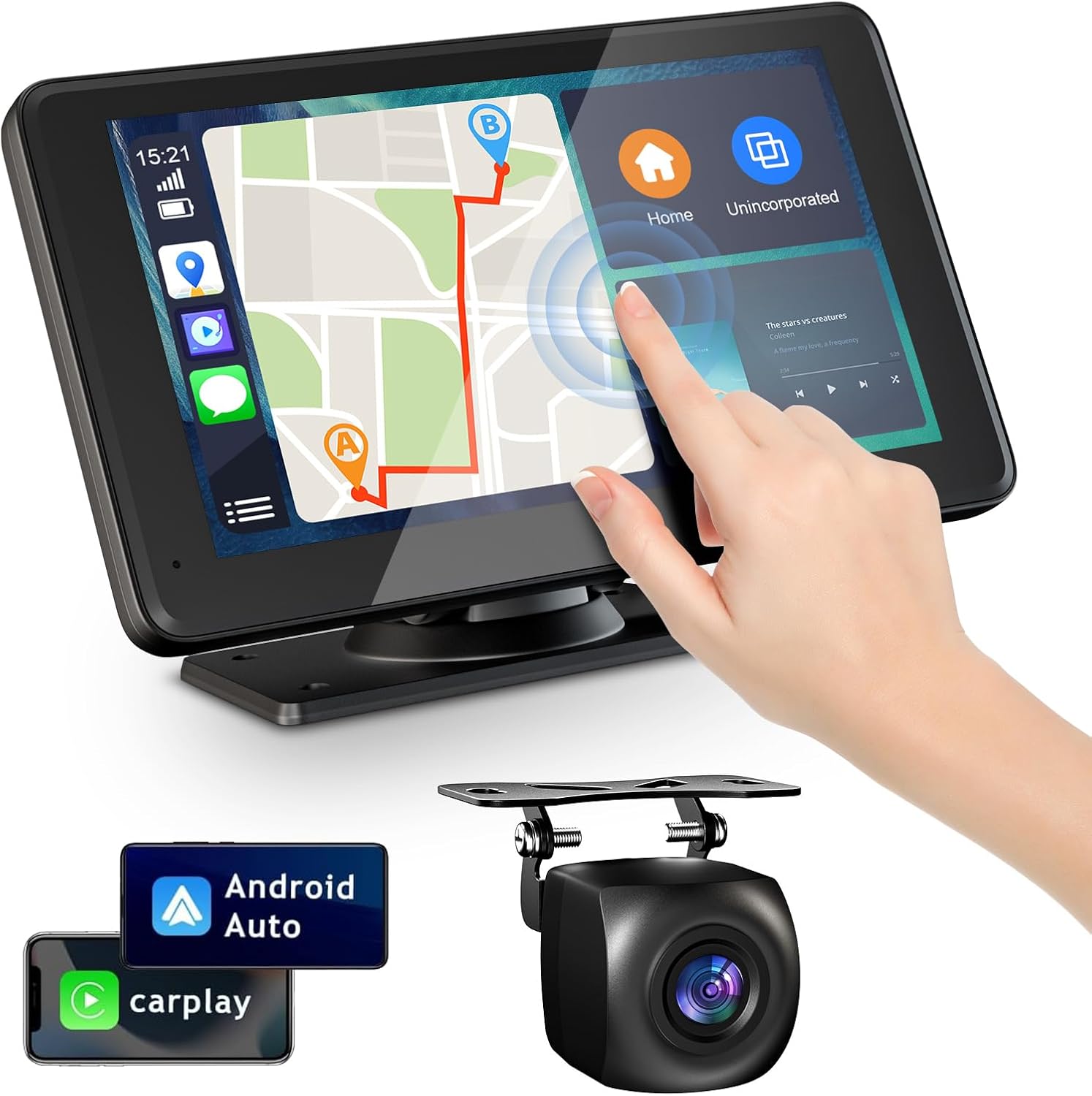 Apple Carplay portátil de 7 pulgadas, pantalla táctil inalámbrica de doble DIN, compatible con Apple Carplay y Android Auto, estéreo para automóvil