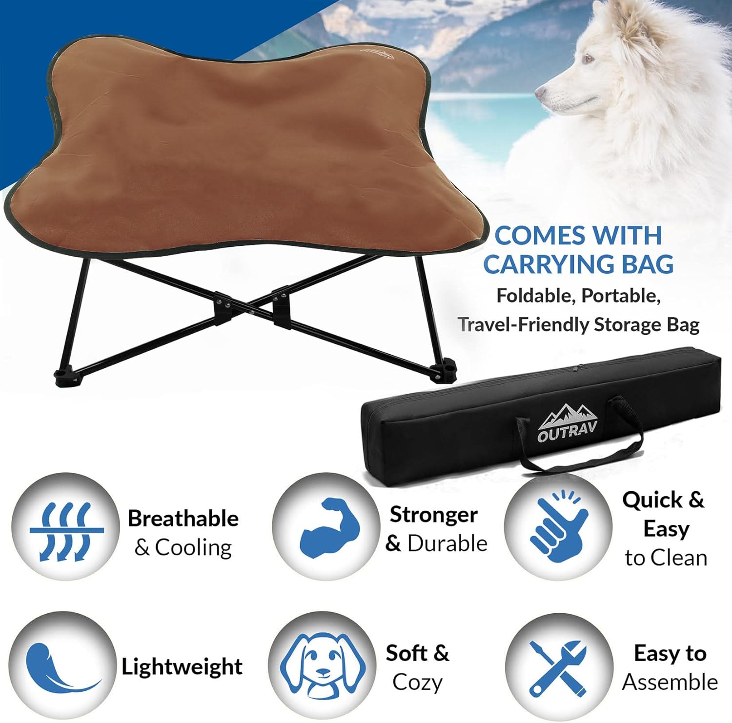 Outrav Cama plegable para mascotas, tumbona elevada para perros y gatos, portátil, plegable, acolchada, marco de acero, se pliega a 12 x 12 x 36