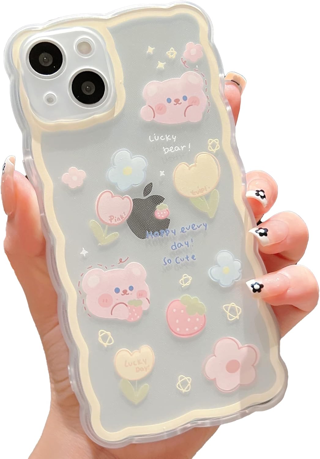 Funda compatible con iPhone 15, bonito diseño floral de dibujos animados de oso y mariposa para mujeres y niñas, funda estética kawaii delgada y