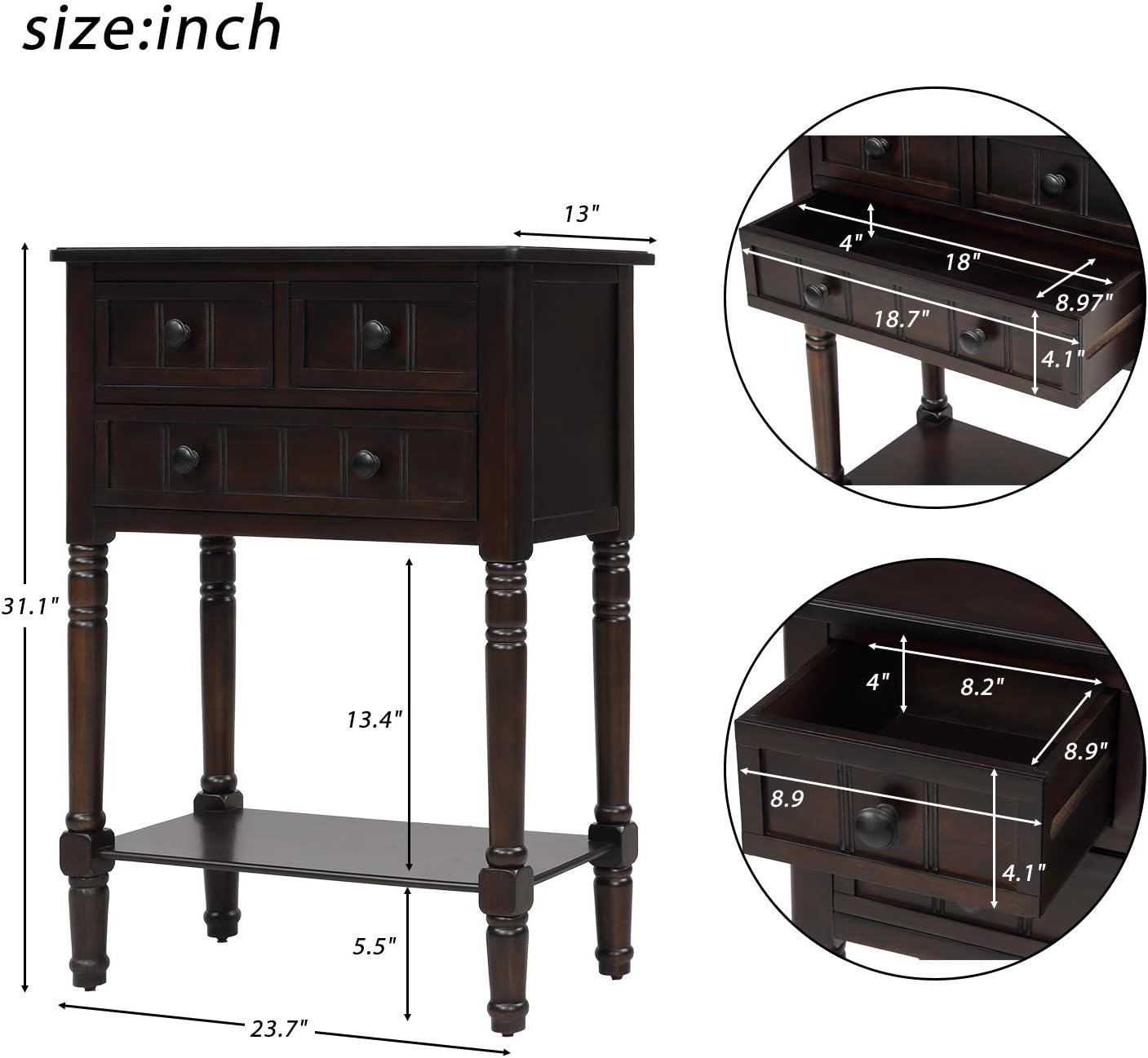 Mesa consola estrecha P PURLOVE – Mesa de sofá delgada con tres cajones de almacenamiento y estante inferior para sala de estar, mesa de sofá fácil
