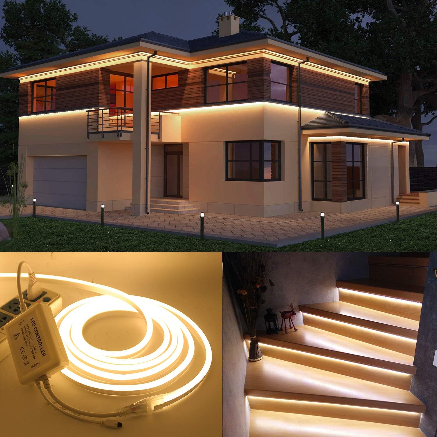 Xunata Luz LED de neón, regulable CA 110-120V flexible luces de neón LED, 3500K blanco cálido 120 LEDsM, 40 pies39.4 ft impermeable 2835 SMD LED