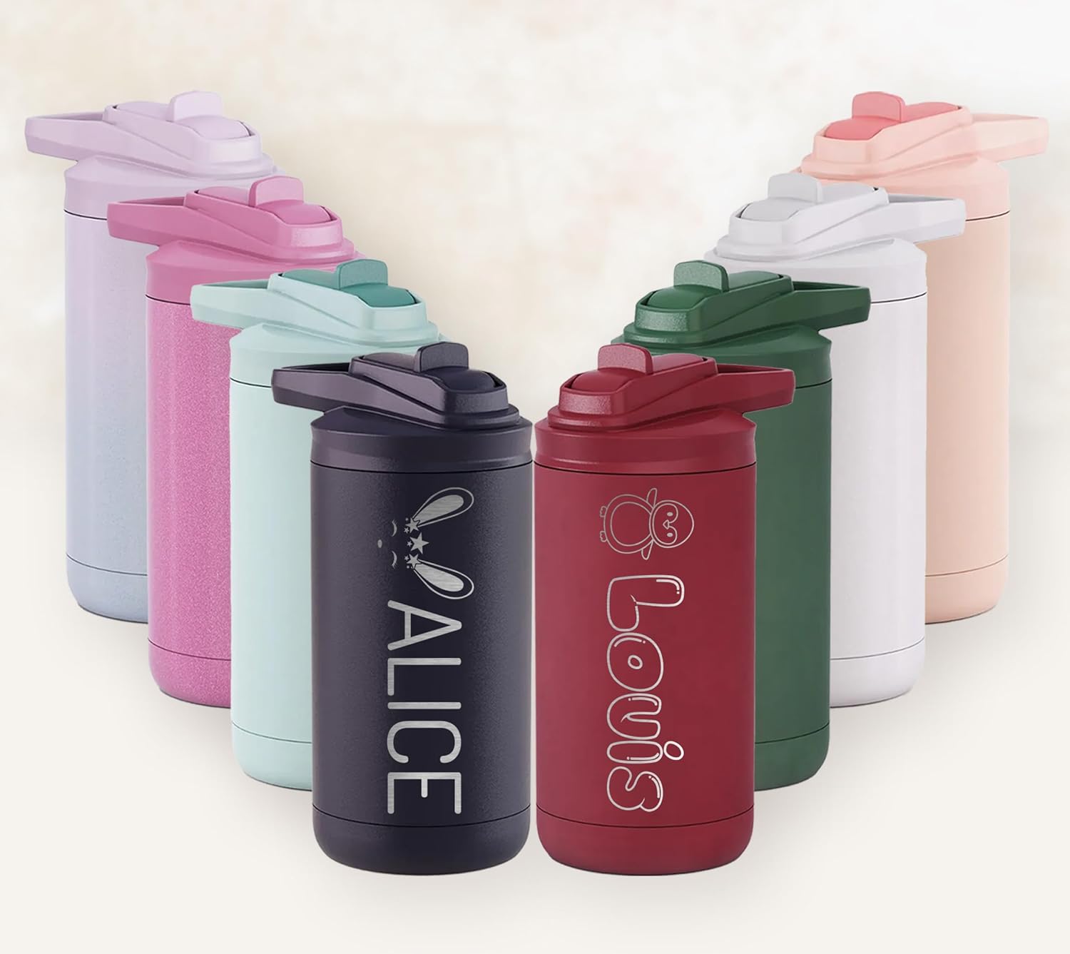 Botella de agua personalizada para niños y niñas, vaso personalizado de acero inoxidable de doble pared de 12 onzas con tapa de popote