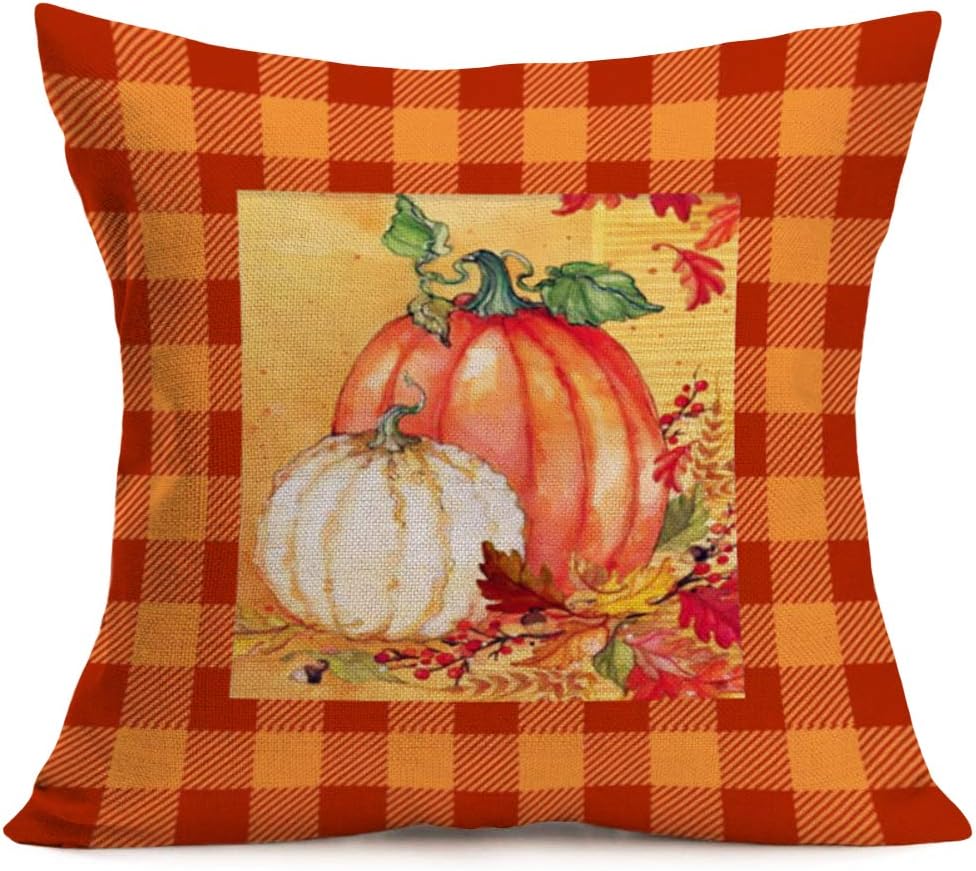 Fukeen Juego de 4 fundas de almohada retro a cuadros de búfalo naranja a cuadros de calabaza, decoración de cosecha de otoño, hojas de arce,