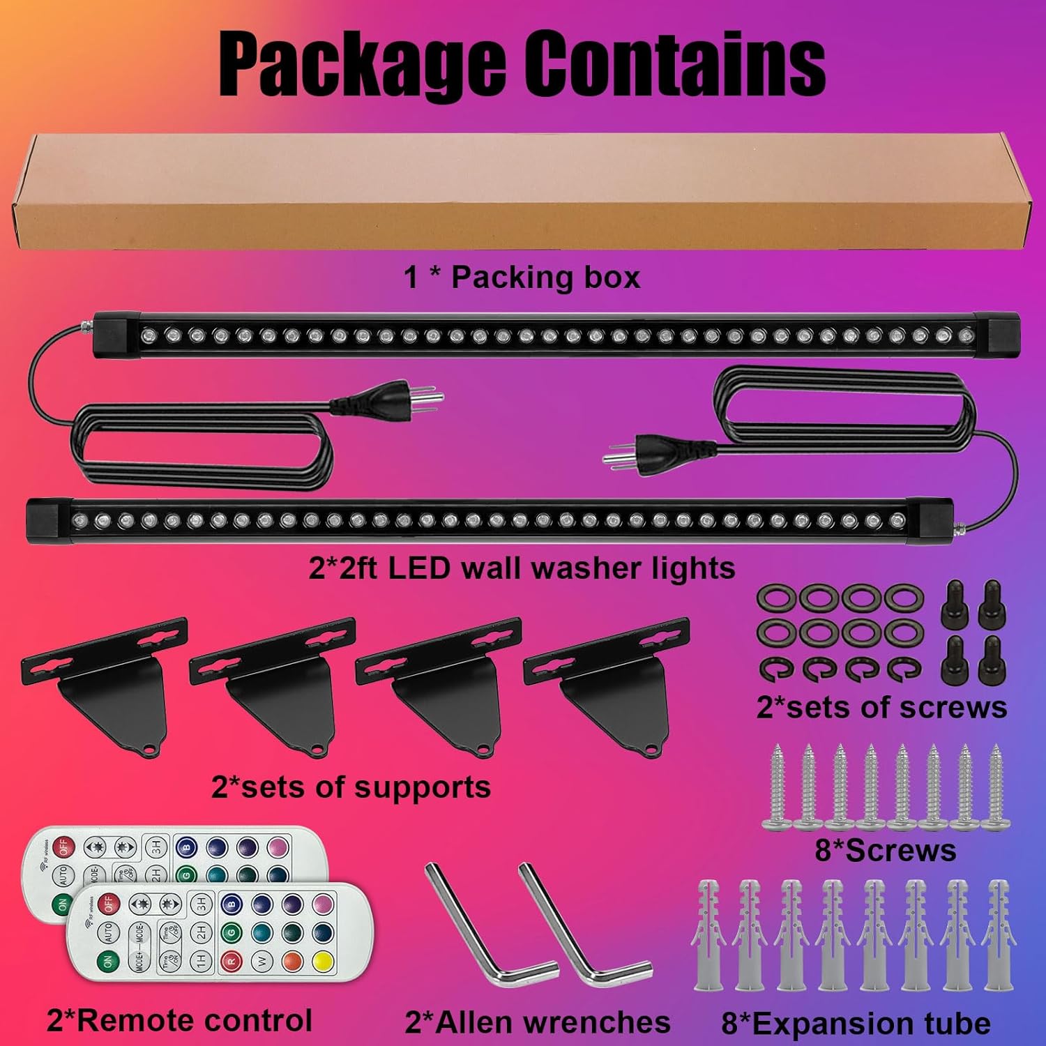 HNRLOY Paquete de 2 luces RGB para lavadora de pared con barra, 72 W LED RGB que cambian de color, luces de lavado de pared con control remoto RF,