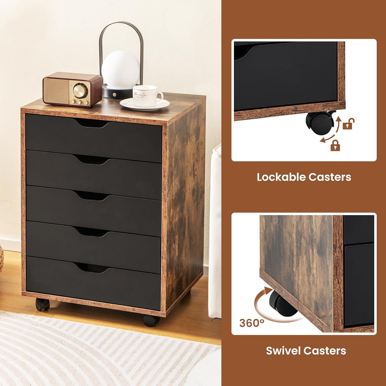 Giantex Cómoda de 5 cajones para almacenamiento de dormitorio, cajón de almacenamiento con ruedas con cerradura, cómoda de maquillaje, organizador