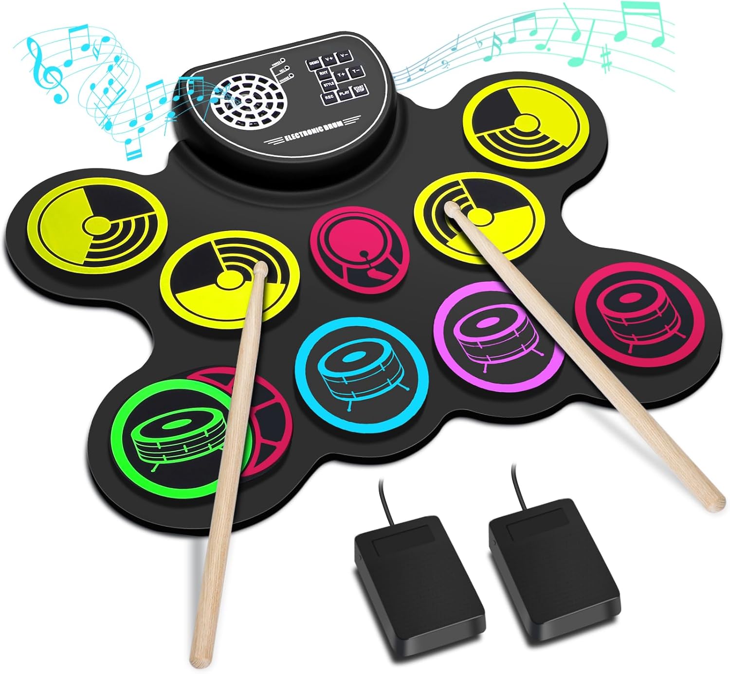 Juego de batería electrónica, 10 almohadillas enrollables, kit de batería de práctica con conector para auriculares, altavoces integrados, pedales