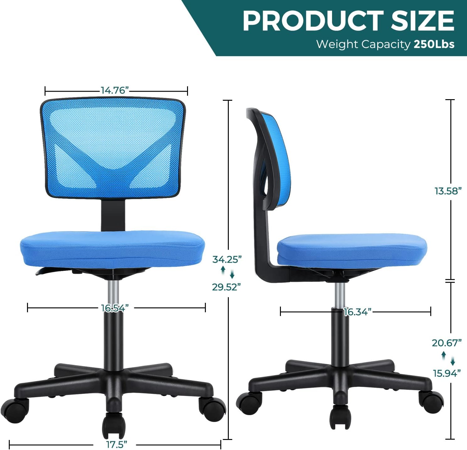 DUMOS Sillas de escritorio sin brazos con ruedas, bonita silla de oficina en casa, sin brazos, ergonómica ajustable giratoria, silla de trabajo con