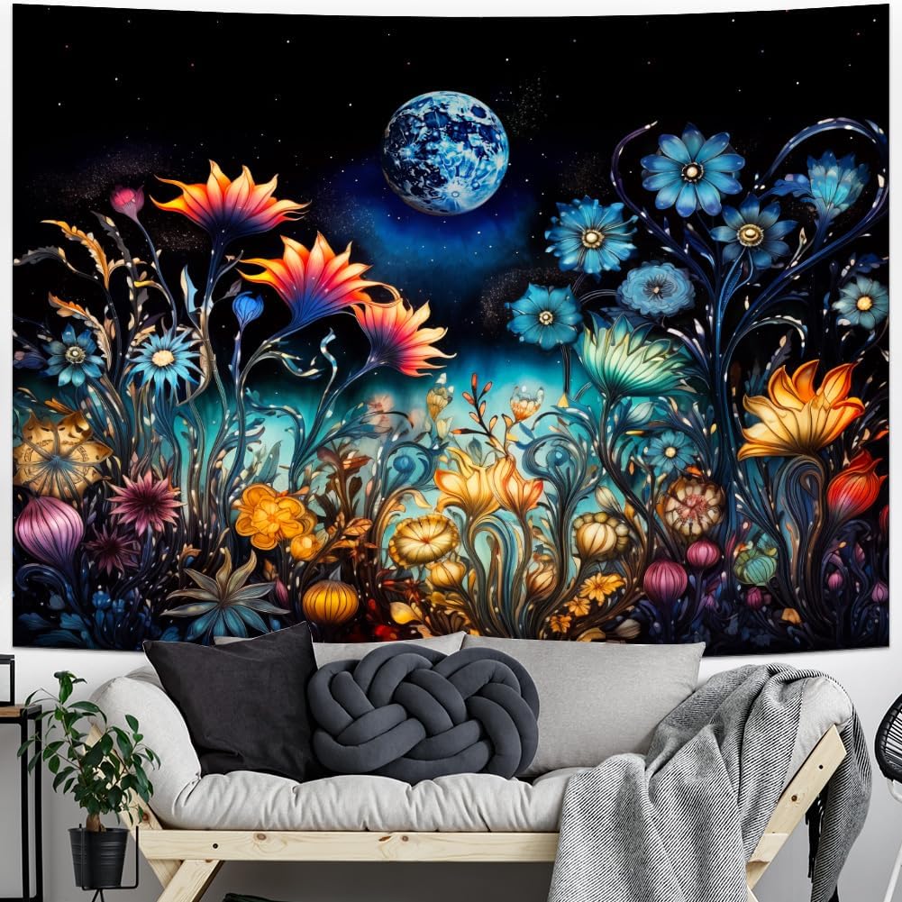 Tushelia Tapiz de plantas florales, tapiz de luna de fantasía, tapiz de flores trippy, tapiz misterioso de cielo estrellado, tapiz negro estético