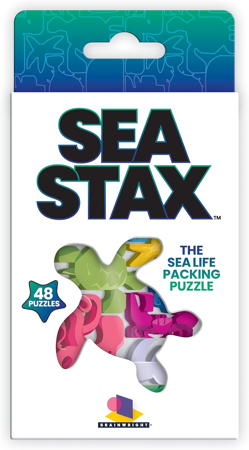 Brainwright – Sea STAX – El juego de embalaje de rompecabezas de patrón en forma de criatura del mar profundo, juguete de rompecabezas multicolor,