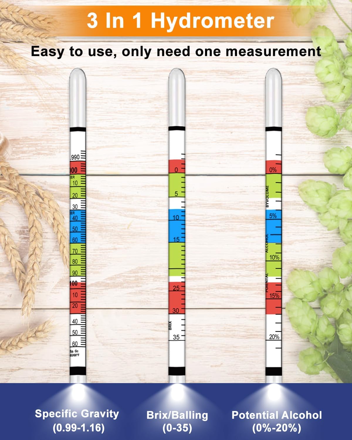 Hidrómetro de triple escala, hidrómetro de alcohol para vino, aguamiel, kombucha y cerveza, kit de fabricación de hidromiel (probador ABV, Brix,