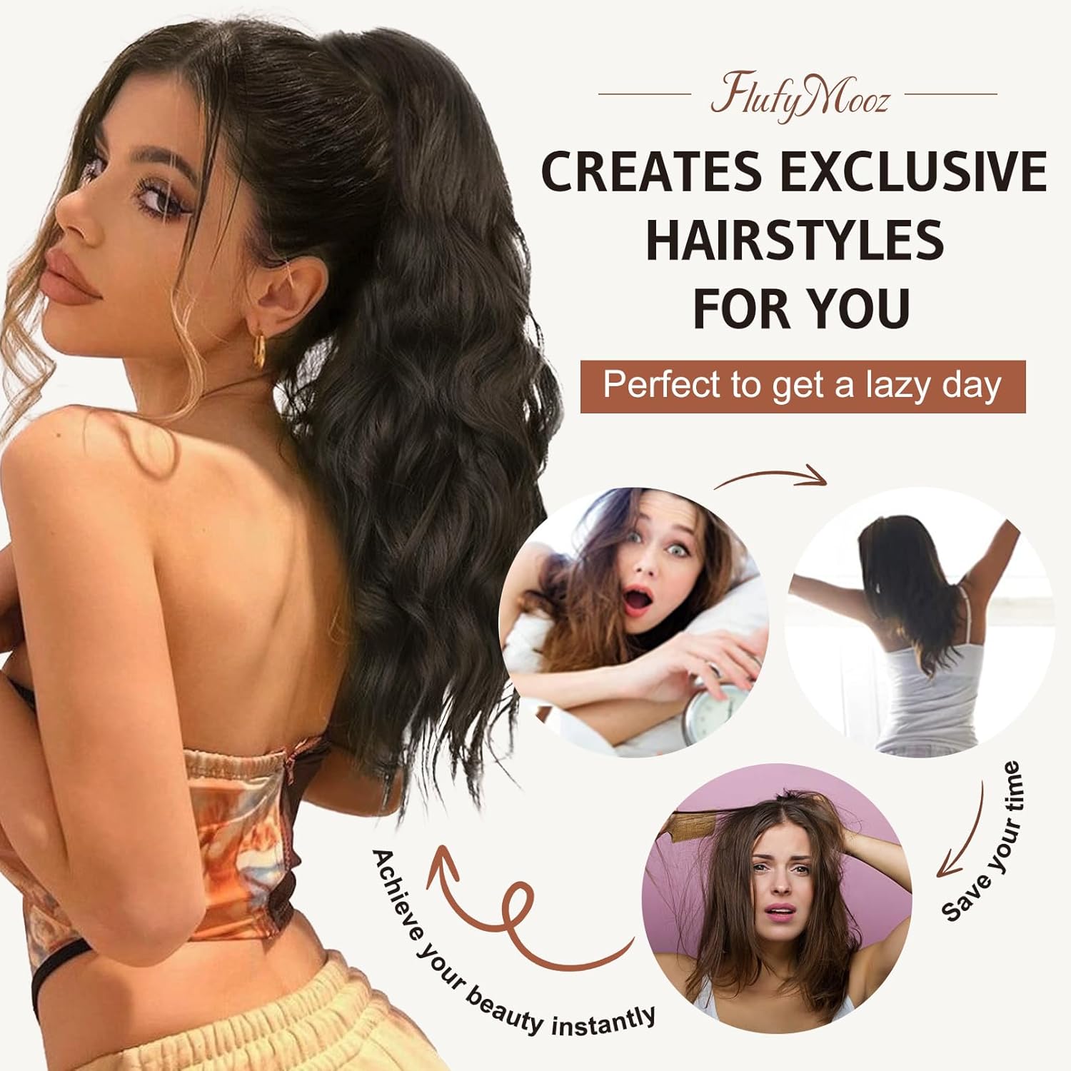 FLUFYMOOZ Extensión de cola de caballo, extensión de cola de caballo con clip de garra de 18 pulgadas, extensiones de cabello ondulado y rizado con