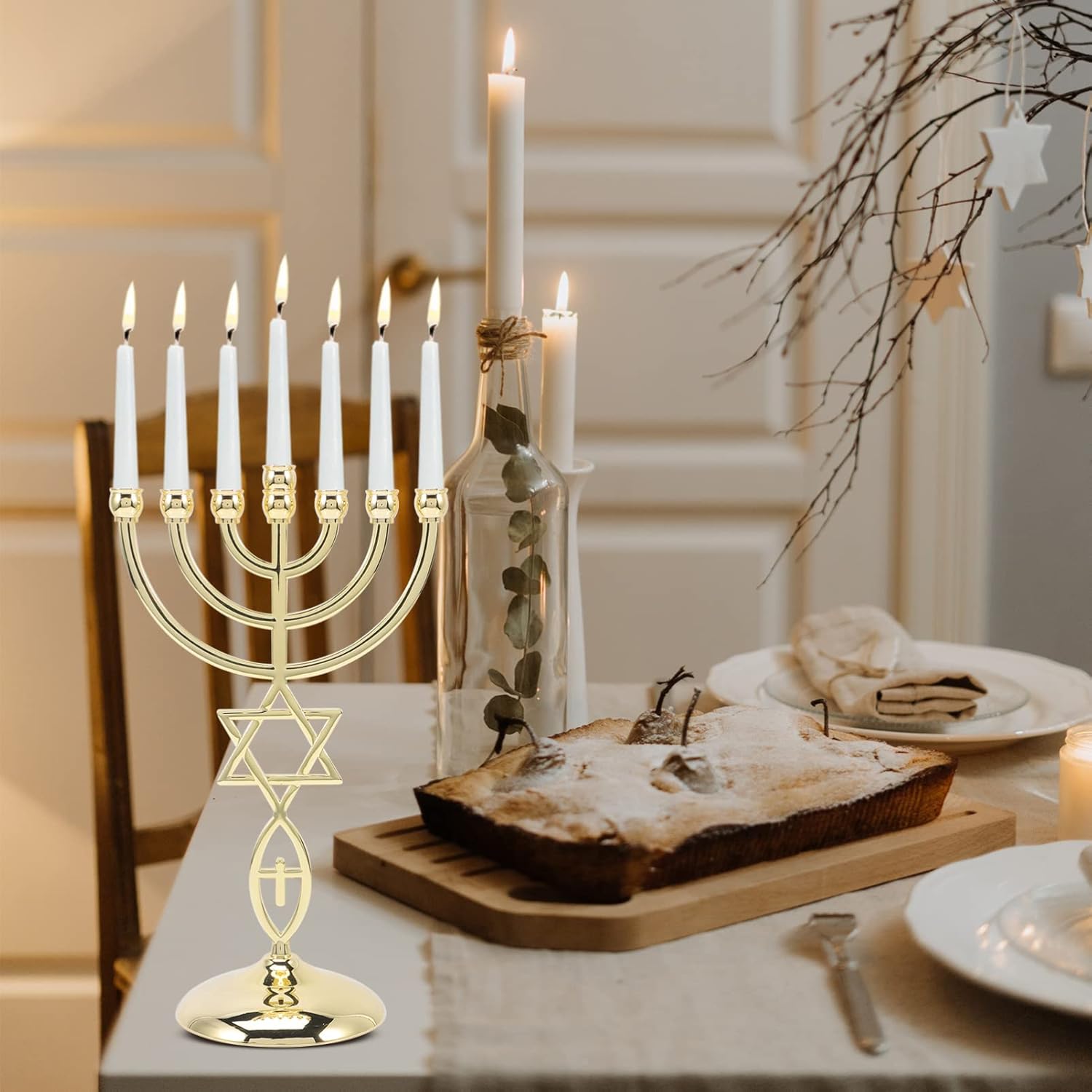 Candelabro, soporte para velas de menorá de Hanukkah, 7 ramas, centro de mesa de menorá, cono dorado, decoración para fiestas de vacaciones de