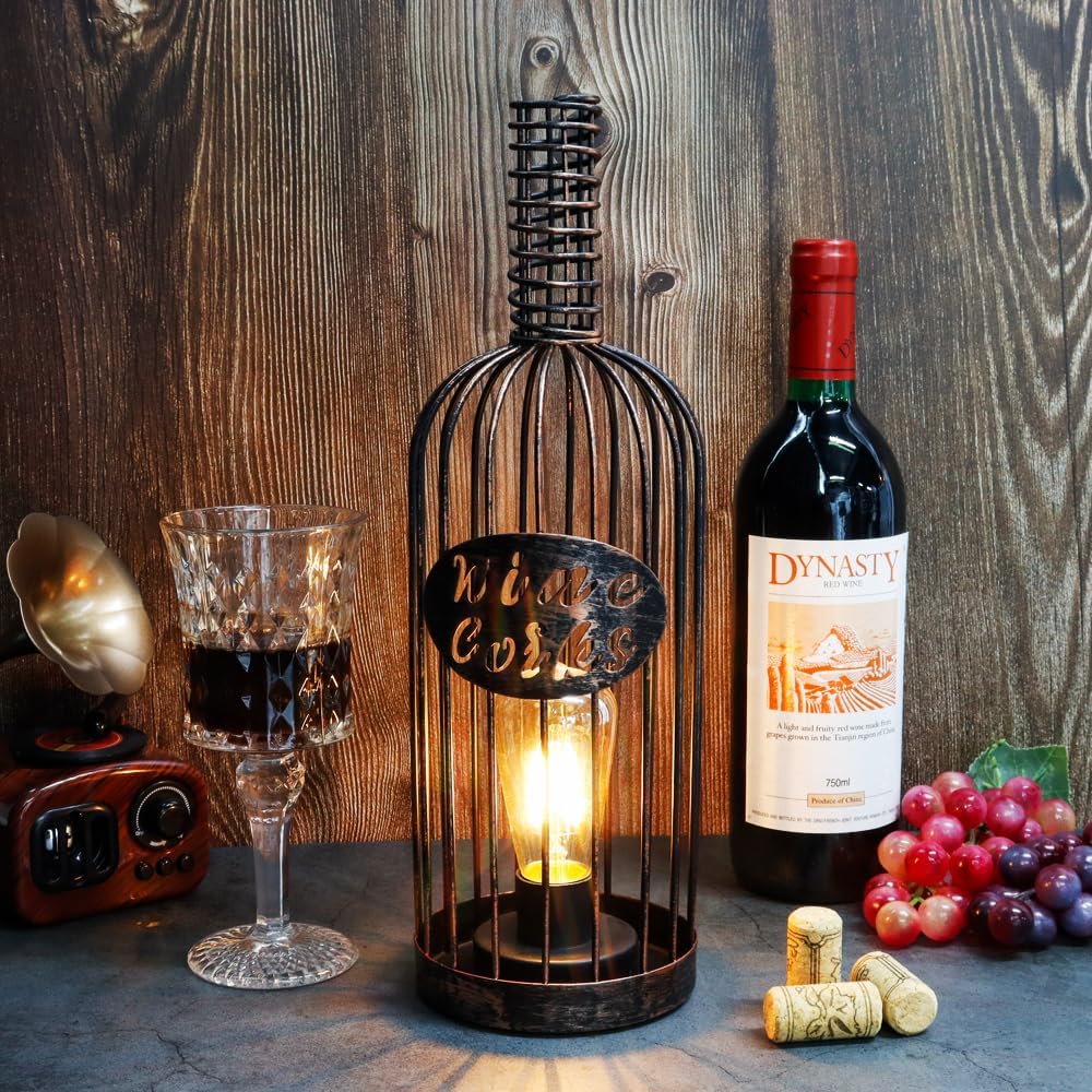 JHY DESIGN Lámpara de mesa decorativa que funciona con pilas, 13.5 pulgadas de alto, inalámbrica, de metal, botella de corcho de vino, con