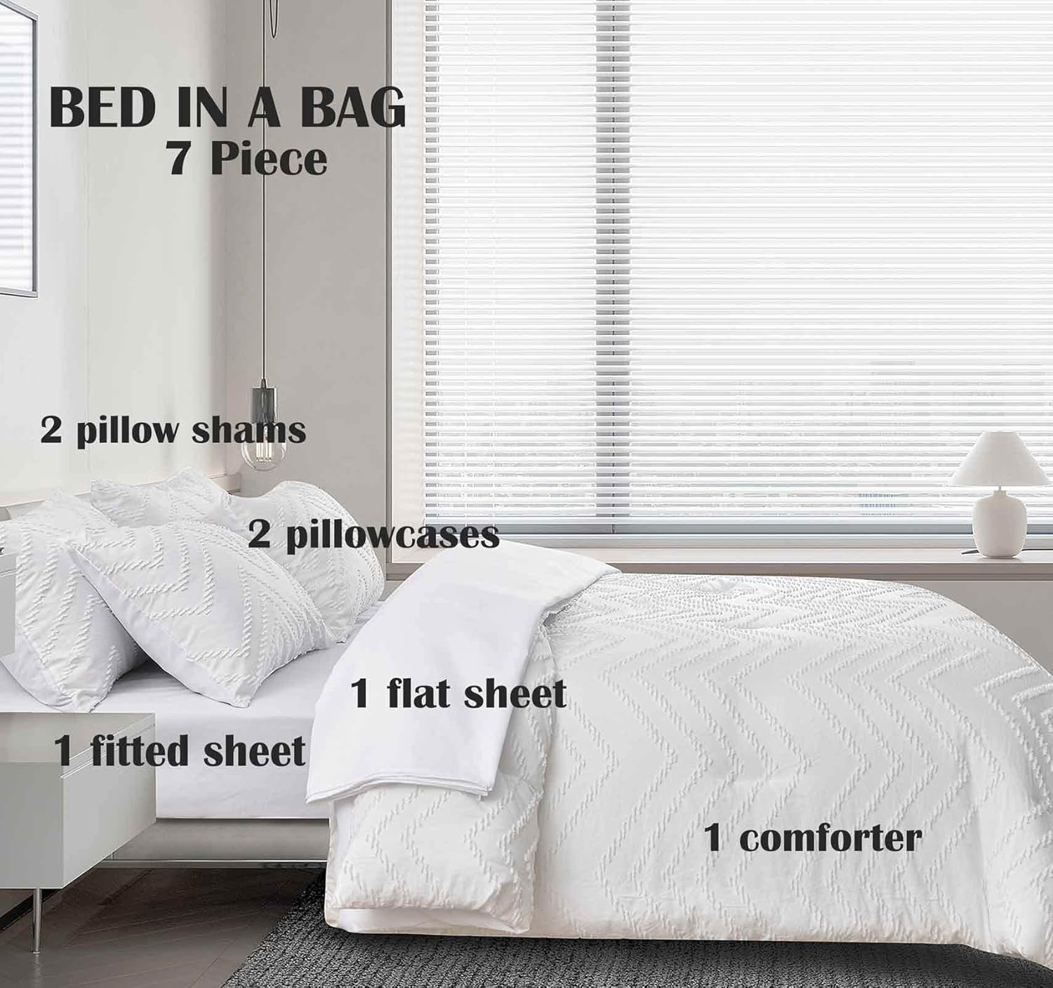 Nanko Juego de edredón de 7 piezas con sábanas, jacquard blanco copetudo, bohemio, suave, desgastado y elegante, juego de ropa de cama de microfibra