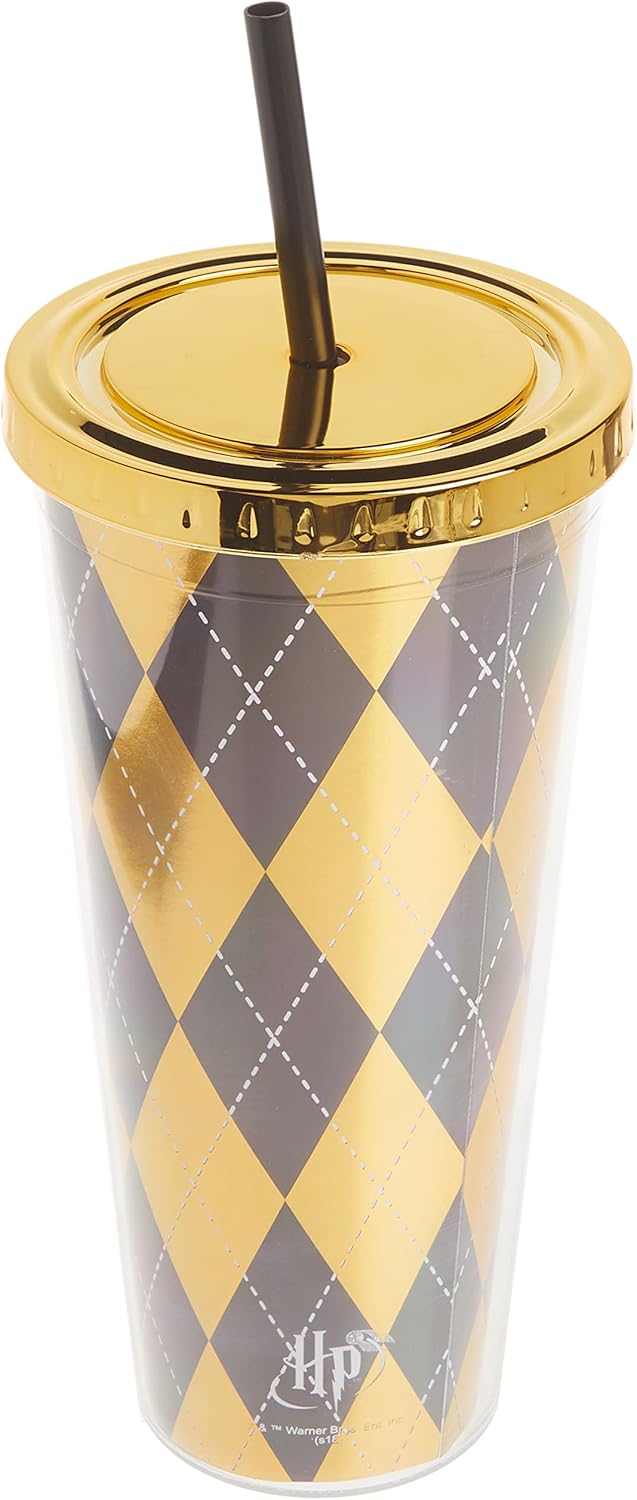 Spoontiques Harry Potter – Vaso de aluminio, con pajilla y diseño de Hufflepuff, 20 onzas, acrílico, color amarillo