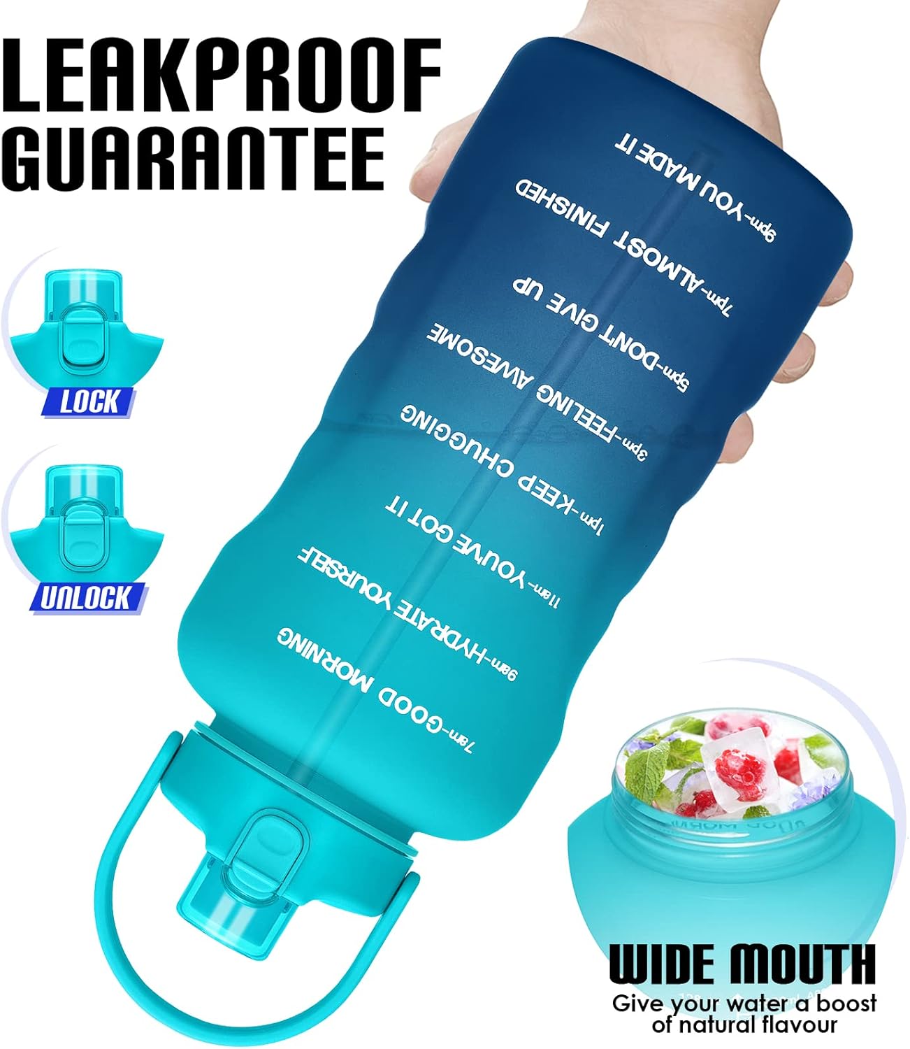 Botella de agua de un galón con popote, 128 onzas (3.8 L), libre de BPA – Innovadora botella deportiva con tapa 2 en 1 con recordatorios