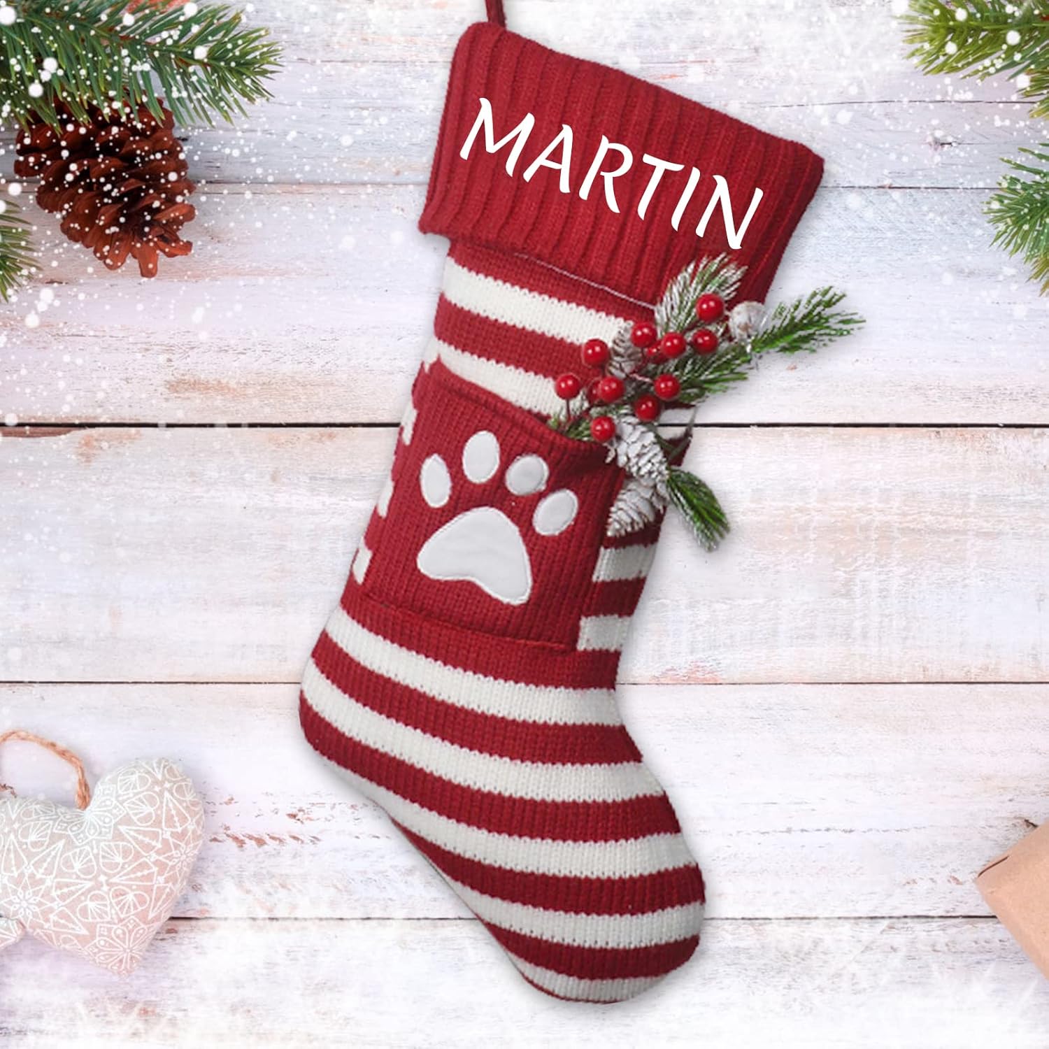 Calcetines de Navidad de punto personalizados con nombre, árbol de Navidad, copo de nieve, pata de copo de nieve, juego de medias de punto de aguja