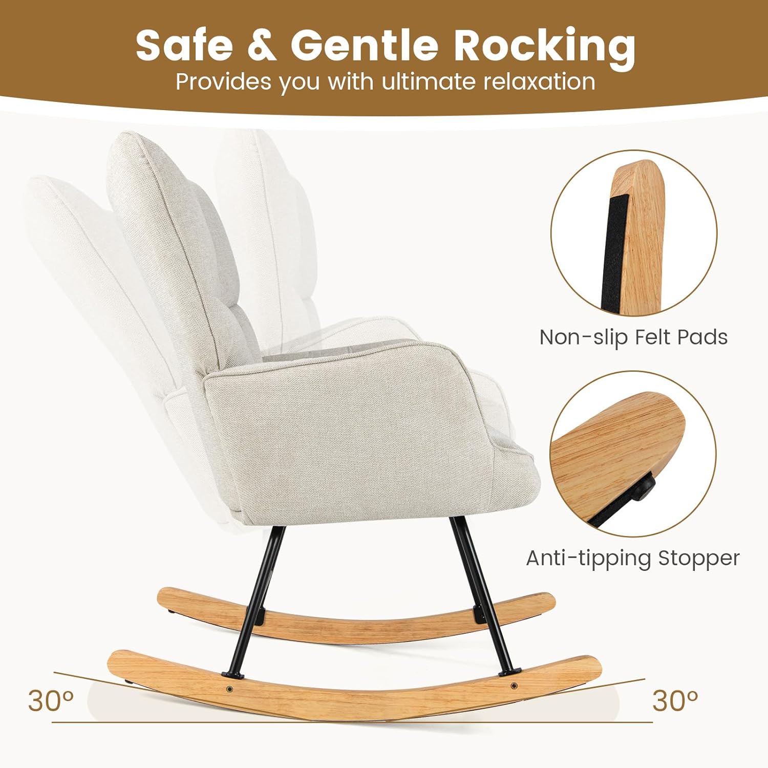 Giantex Mecedora para guardería, sillón moderno con respaldo alto, marco de metal sólido y madera, silla mecedora tapizada de lino para guardería,