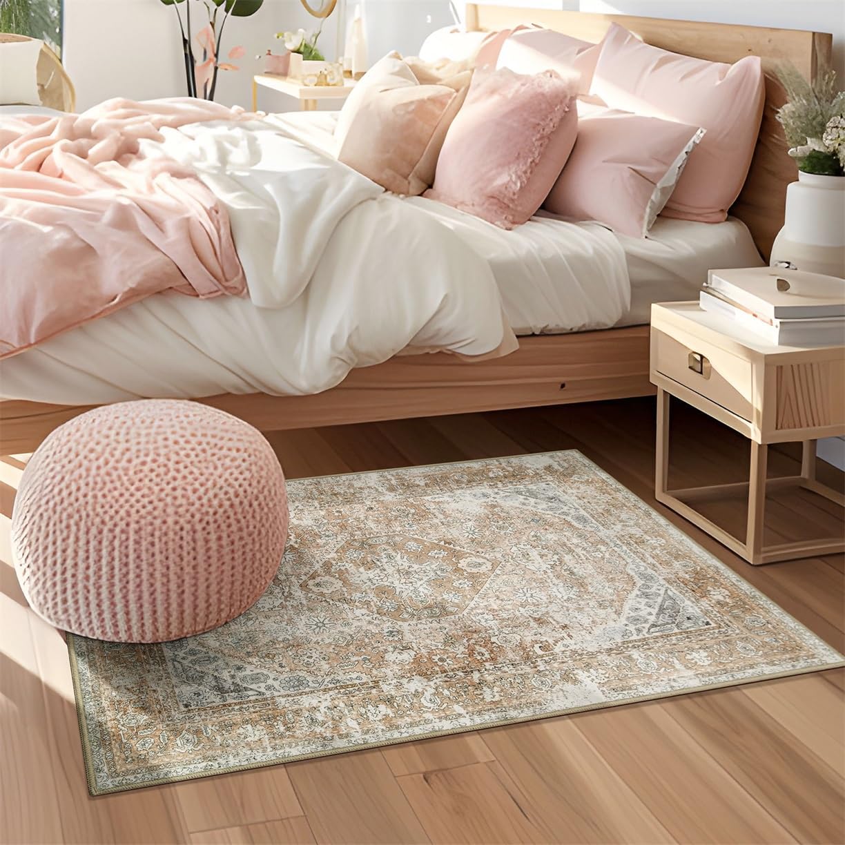 MUJOO Alfombra pequeña de estilo bohemio, lavable, color beige, para dormitorio, entrada, antideslizante, para baño, guardería, puerta, ducha,