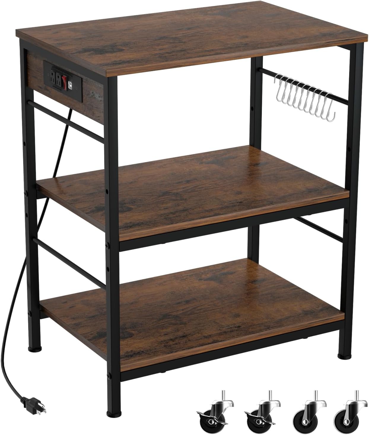 Estante para panaderos con toma de corriente para cocina, soporte para microondas, 3 niveles, mesa de café, estante de almacenamiento de cocina con