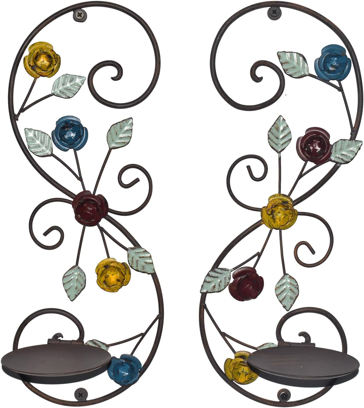 Juego de 2 candelabros de pared, diseño de ramas de hojas multicolor antiguas, soporte de pared de metal para colgar velas para sala de estar,