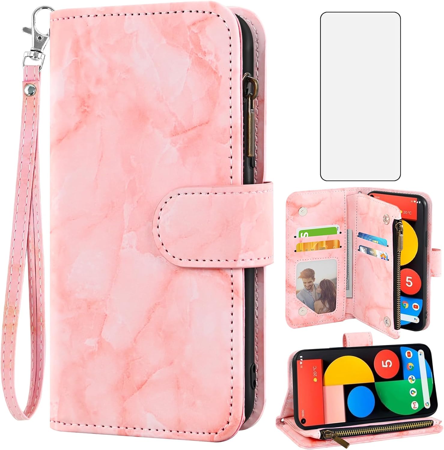Asuwish Funda de teléfono para Google Pixel 5 Wallet Cell Cover con protector de pantalla de vidrio templado y soporte de tarjeta de crédito con