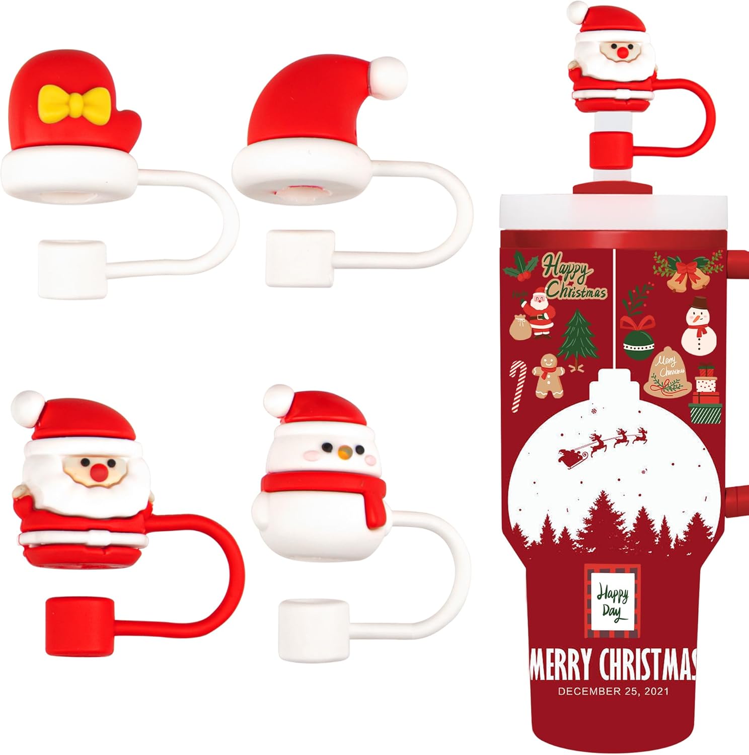 YUNAI 4 fundas de popote Stanley de Navidad, 0.39 pulgadas de silicona, bonitas tapas compatibles con vaso Stanley de 40 onzas, adornos de paja para