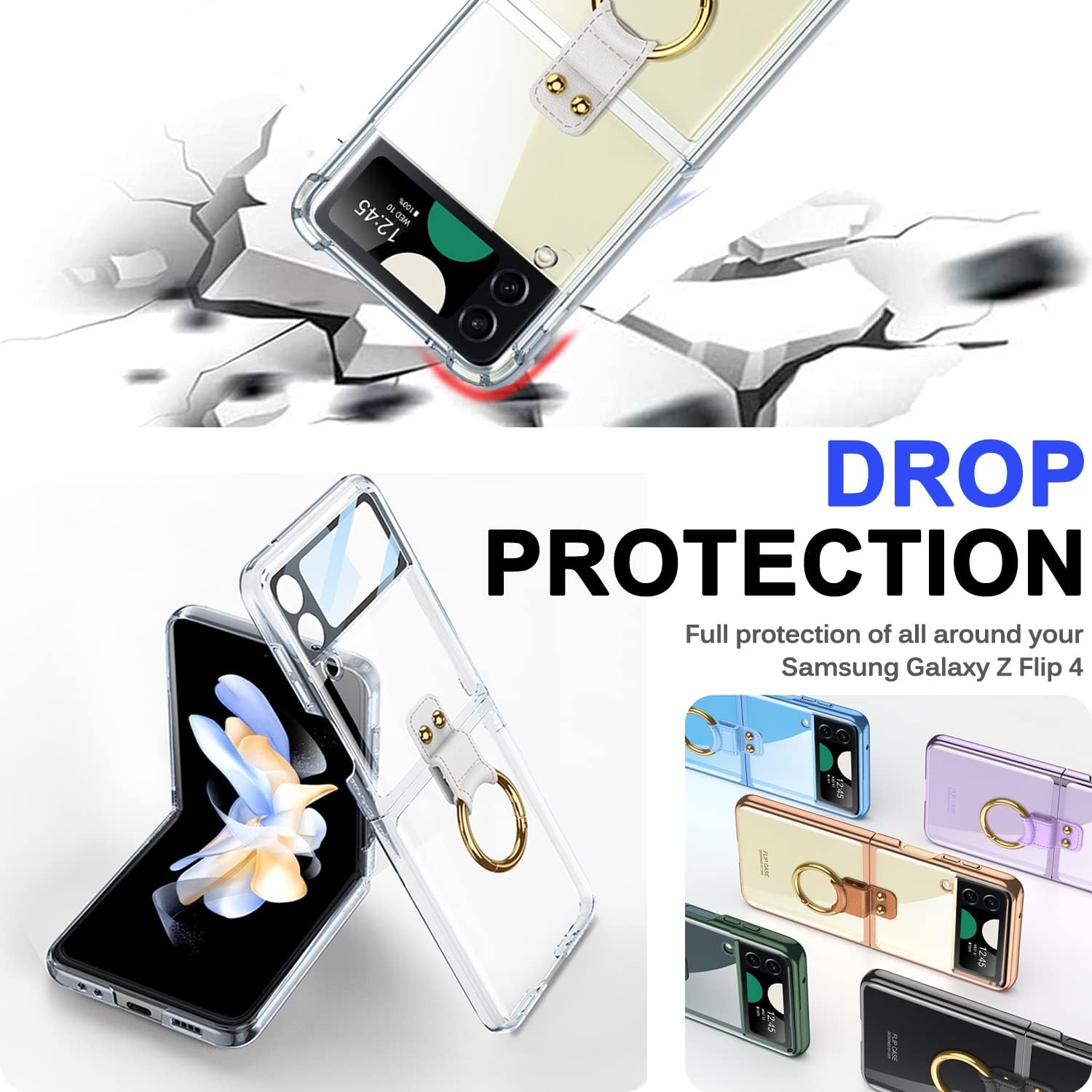 Miimall Funda para Samsung Galaxy Z Flip 4, funda Z Flip 4 con protector de pantalla + soporte de anillo, delgada, de lujo, transparente, de