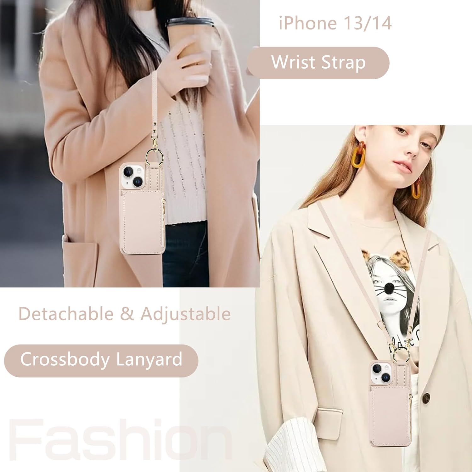 TopPerfekt Funda cruzada para iPhone 14 iPhone 13 con tarjetero y correa para la muñeca para el hombro, cordón de cuero con cremallera, cartera con