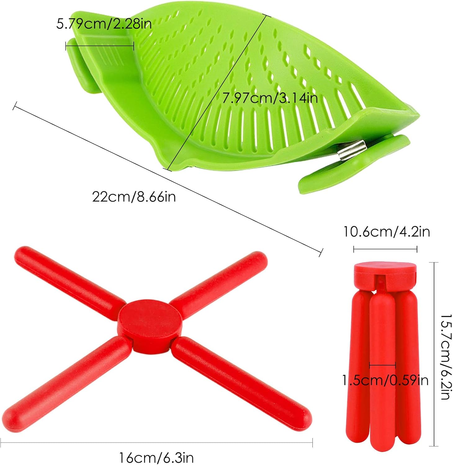 findTop – Juego de 4, colador a presión y salvamanteles de silicona plegables antideslizantes, con clip resistente al calor, boquilla de vertido y