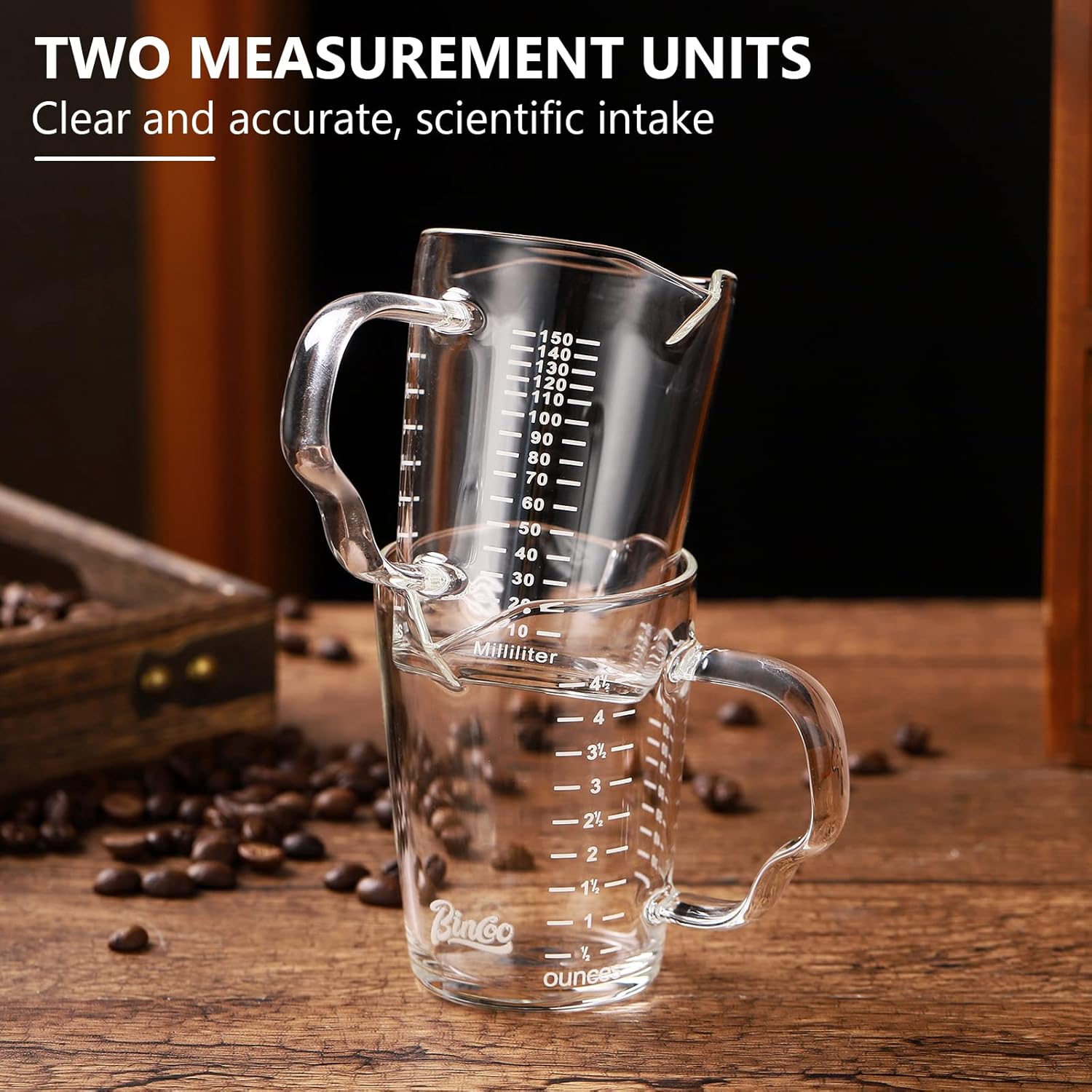 BINCOO Tazas de café expreso de 5.1 fl oz con mango y doble escala, 4.05 onzas, vaso de medición de vidrio de doble boquilla, taza de leche para