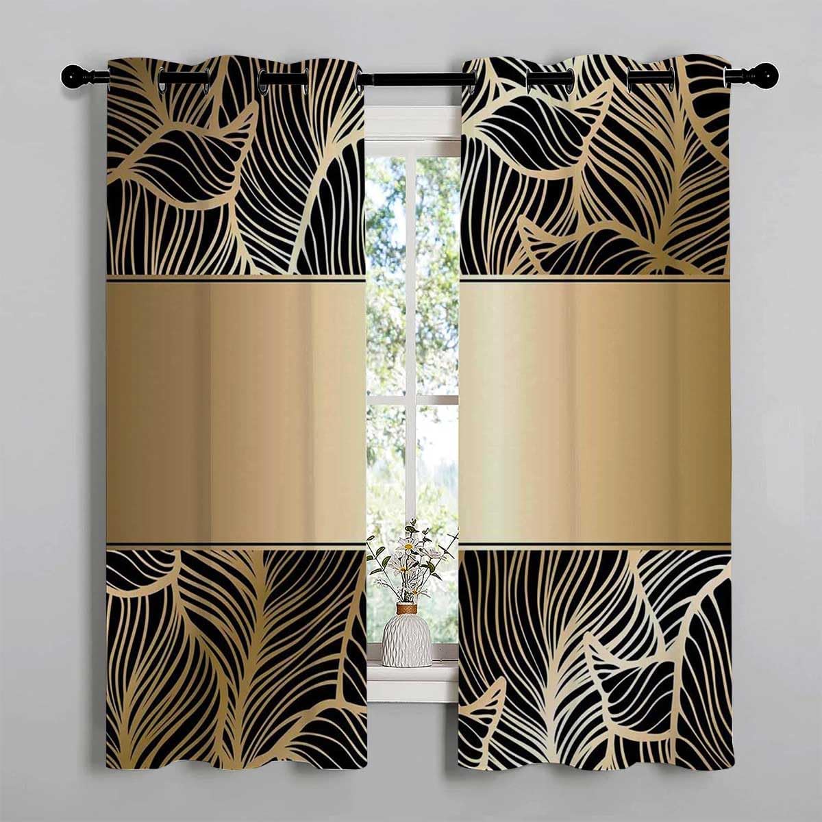 YANFENQI Cortinas para Habitacion Black Gold Grommet Short Sliding Door Curtains Pantry Curtain 55Inch Width by 55Inch Length,2 Panels