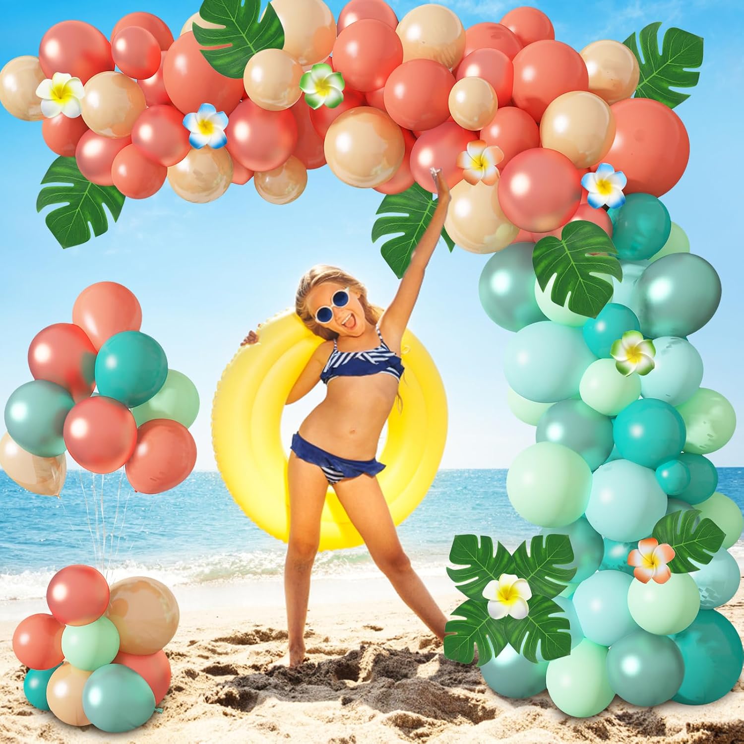 Ouddy Party Kit de arco de guirnalda de globos tropicales, globos de 12 pulgadas, 10 pulgadas, 5 pulgadas, color oro rosa, azul rubor, hojas de
