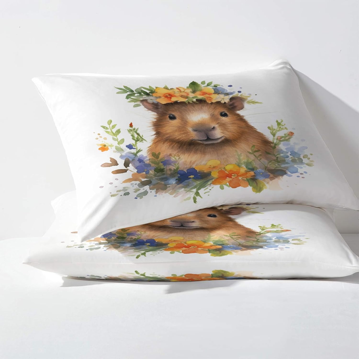 zcwl Capybara Funda de edredón tamaño individual  Juego de ropa de cama de animales florales  2 piezas  Funda de edredón con patrón de microfibra