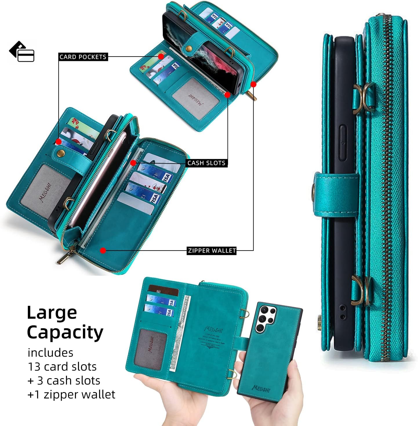 Compatible con Samsung Galaxy S22 Ultra 5G – Funda tipo cartera con correa para el hombro, soporte para tarjetas, multifunción, 2 en 1, funda