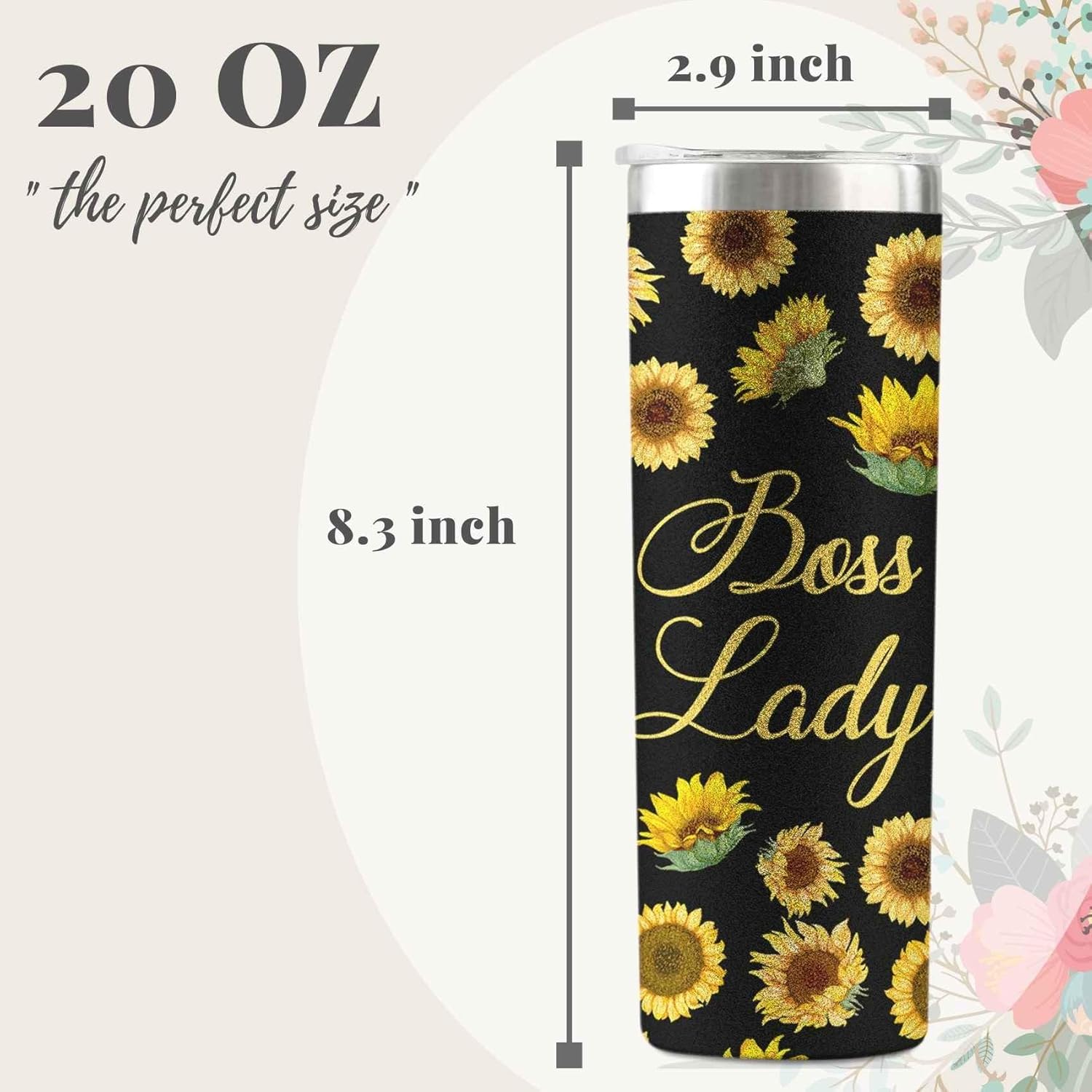Regalos para mujer jefa, regalos de girasol para jefa, vasos aislados de acero inoxidable con tapas y pajitas de 20 onzas, divertida idea de regalo