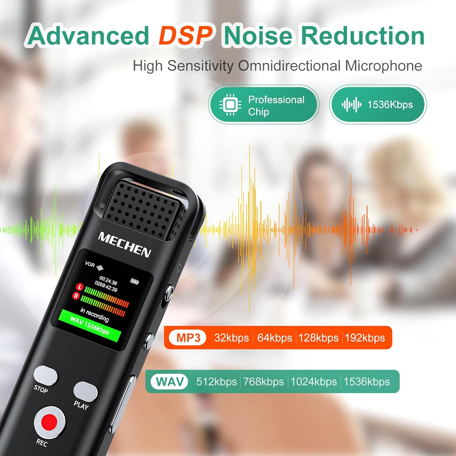 MECHEN – Grabadora de voz digital de 64 GB activada por voz para conferencias y reuniones, pequeño dictáfono recargable de 1536 Kbps con
