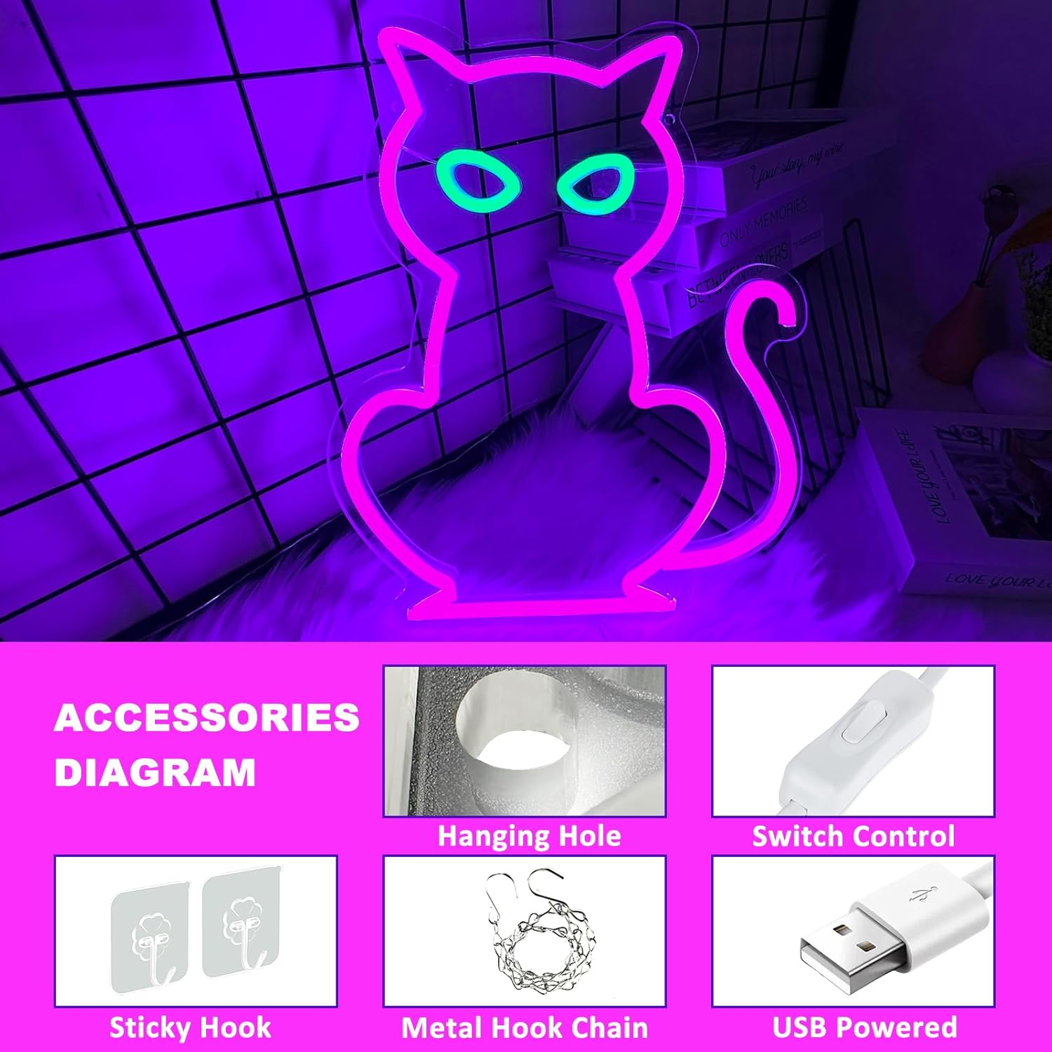 Letreros de neón de gato para decoración de pared, letrero de neón LED de gato morado alimentado por USB, decoración de mesa con luz LED de gato de