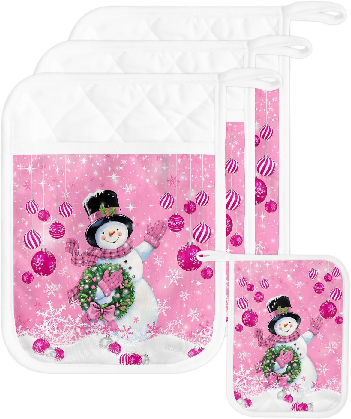 Snowman Pink 3Pcs Pot Holders for Kitchen, Non Slip & Heat Insulation Terry Cloth Potholder Set with Pocket, Thick Hot Pad Oven Mitts Trivet Coaster