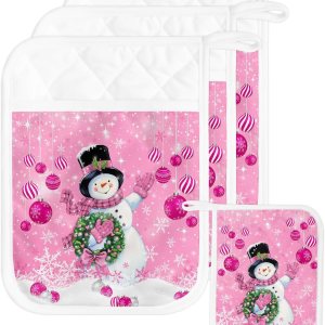 Snowman Pink 3Pcs Pot Holders for Kitchen, Non Slip & Heat Insulation Terry Cloth Potholder Set with Pocket, Thick Hot Pad Oven Mitts Trivet Coaster Snowman Pink 3Pcs Pot Holders for Kitchen, Non Slip & Heat Insulation Terry Cloth Potholder Set with Pocket, Thick Hot Pad Oven Mitts Trivet Coaster